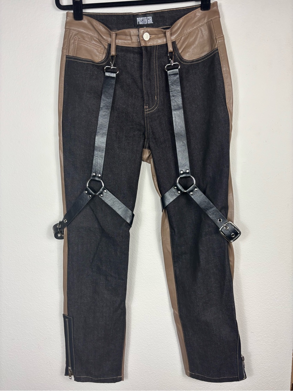 Poster Girl Dolls Kill Harness Jeans Faux Leather Panel Strap Zip Hem Moto Sz S
